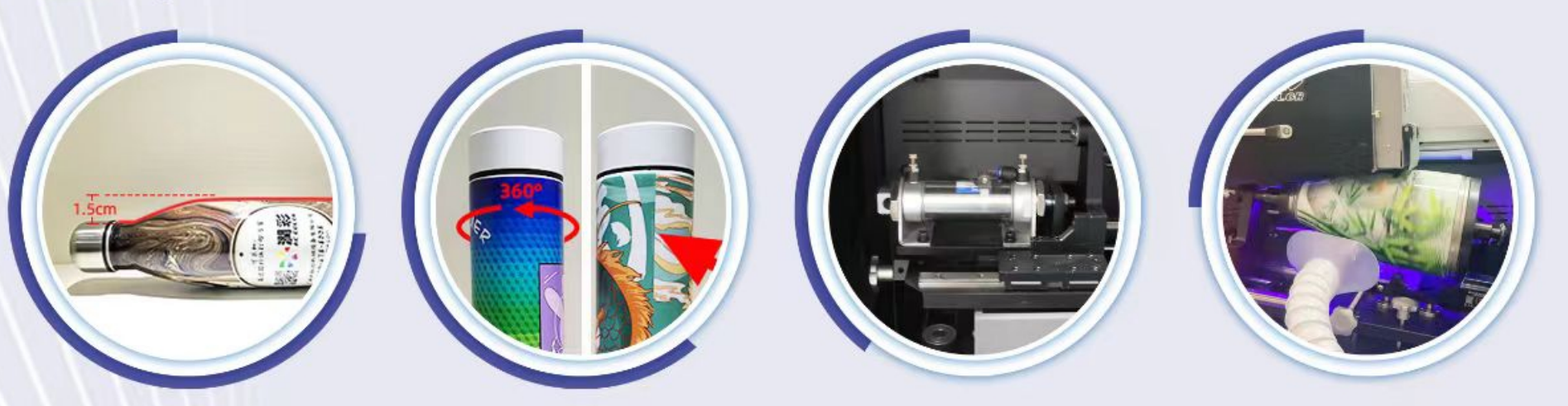 设备特色展示：最大落差打印、360°无缝拼接、智能调节、锥形打印